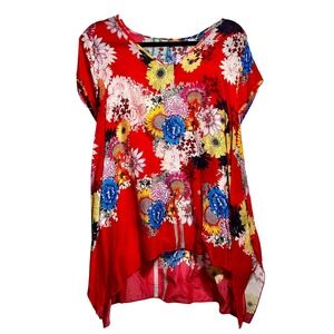 Johnny Was Red Floral Boho Tunic Small Sharkbite Hem Cupra Rayon Flowy V-Neck